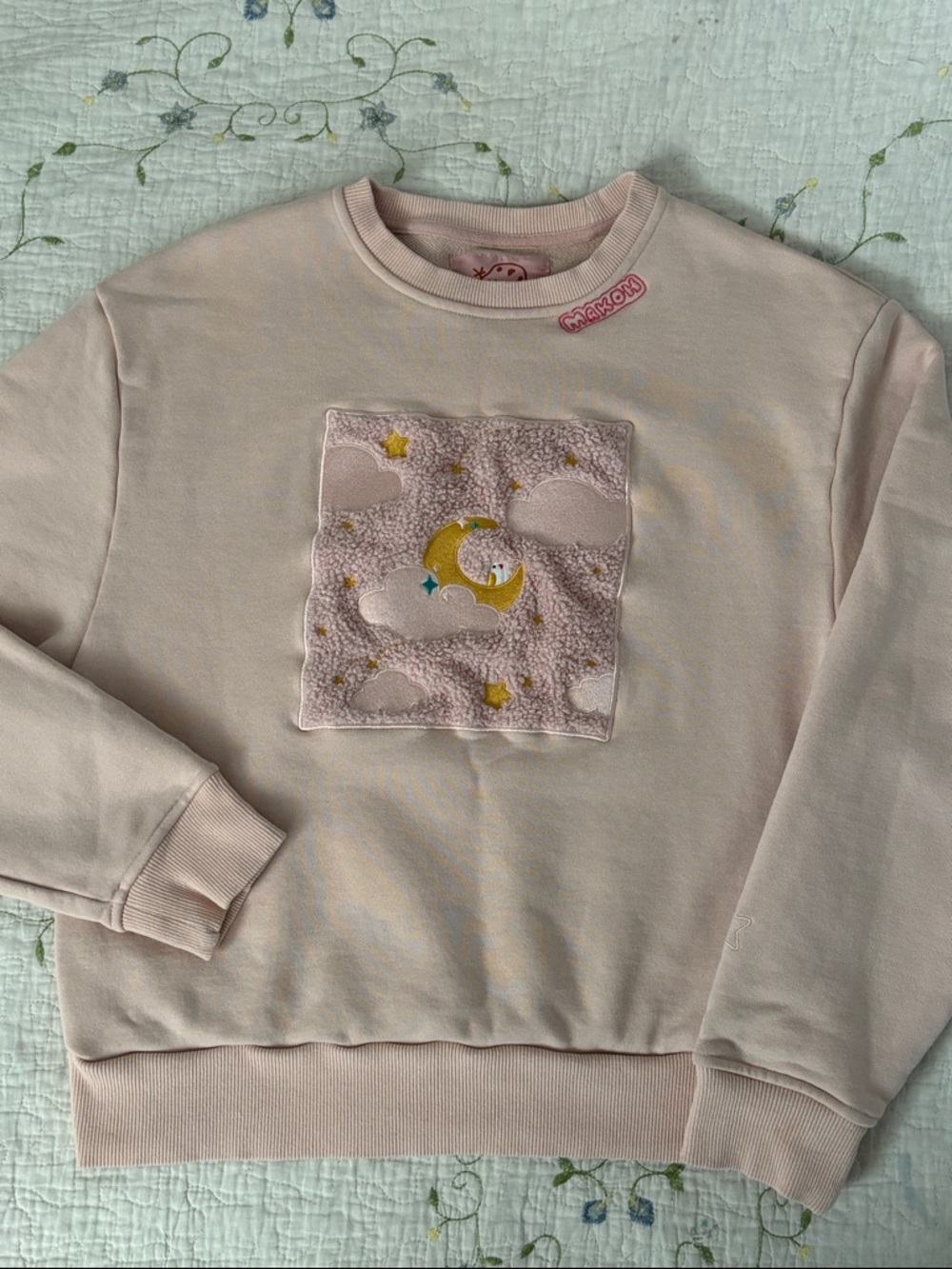 MakoHouse Light Pink Crewneck Sweatshirt Small Coquette Teddy Patch Moon Stars